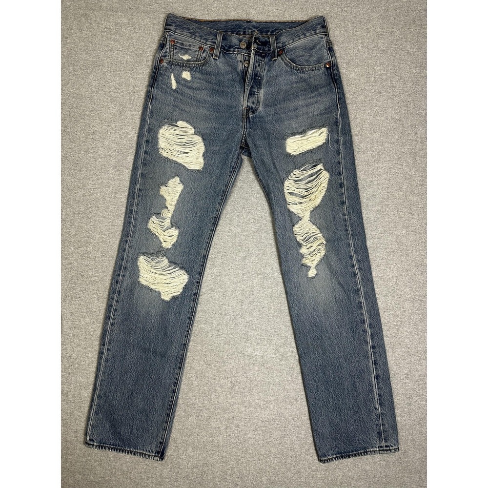 Levis‎ 501 Jeans 29x32 Blue Distressed Button Fly Straight Leg Denim Pants